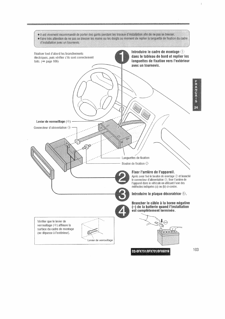 Fixer carrière de l’appareil, Introduire le plaque décoratrice fî) | Panasonic CQDFX601 User Manual | Page 27 / 41