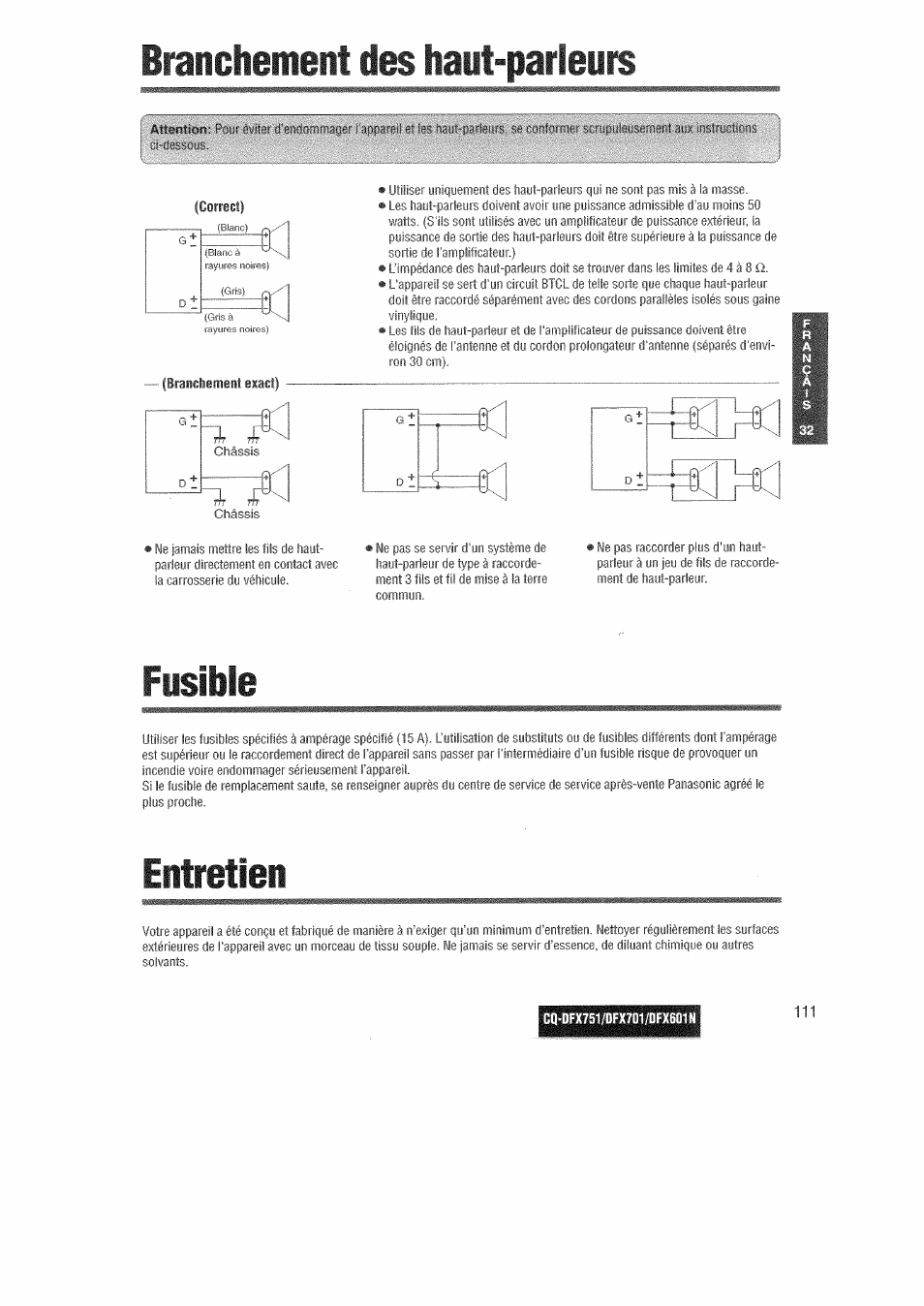 Branchement des haut-parleurs, Entretien | Panasonic CQDFX601 User Manual | Page 35 / 41
