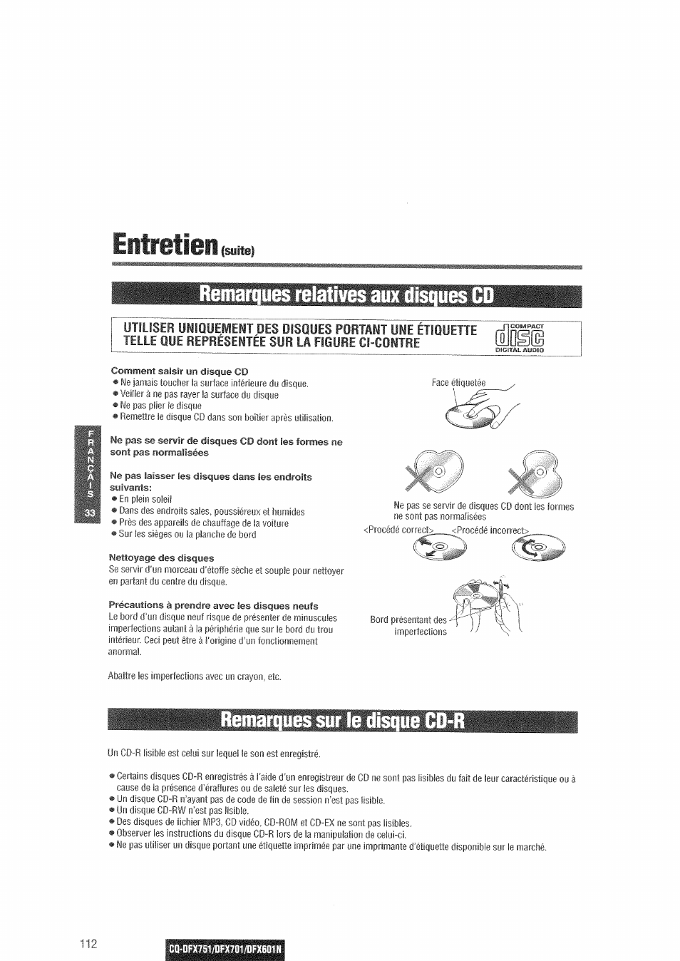 Entretien, Remarques relatives aux disques cd, Remarques sur le disque cd | Panasonic CQDFX601 User Manual | Page 36 / 41
