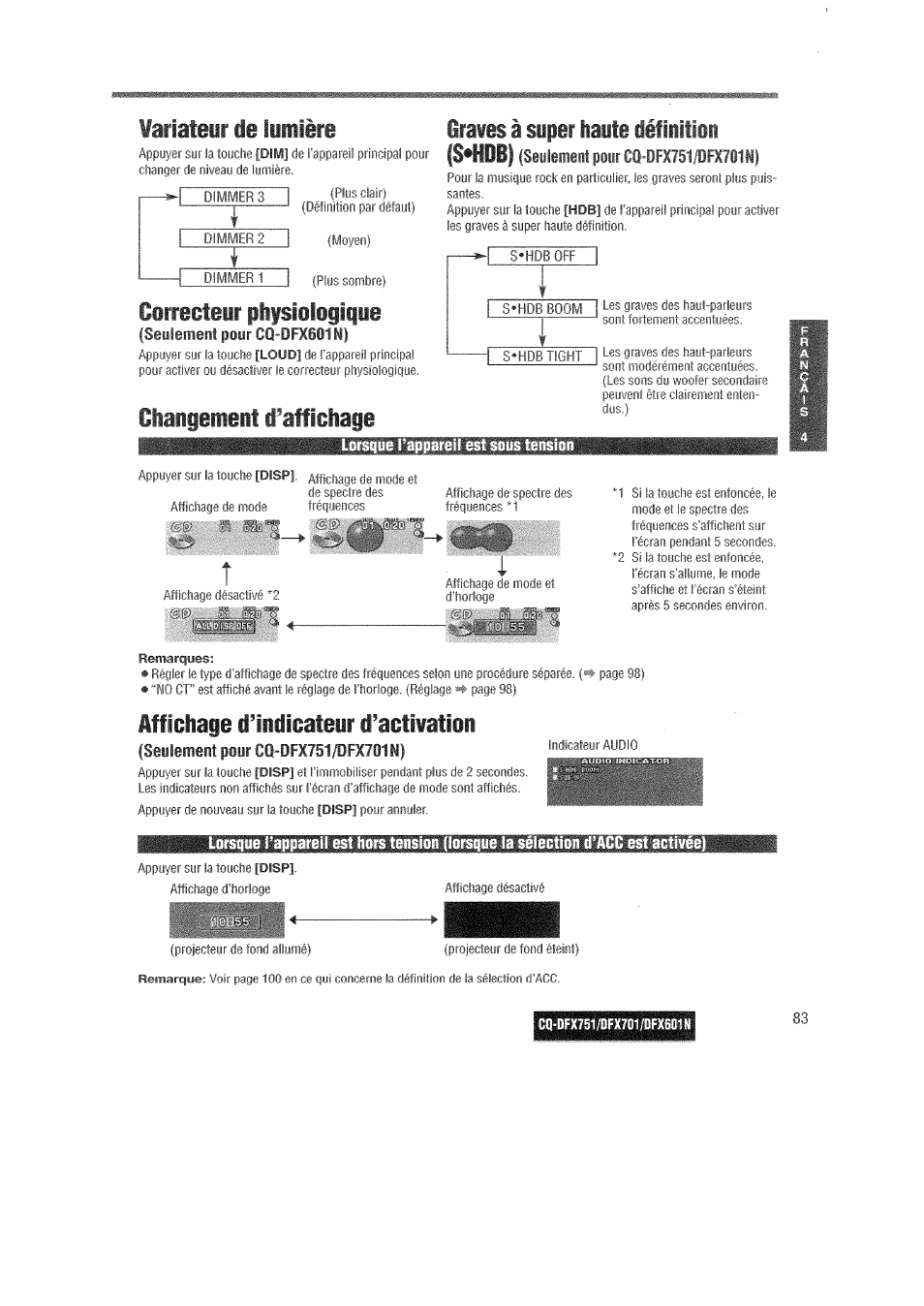Lorsque i appareil est sous tension, Chaigeiieit d'affichage, Srawes à super haute déf iiitiii | Affichage dliiicateir d’actiwatioi, Seulement | Panasonic CQDFX601 User Manual | Page 7 / 41