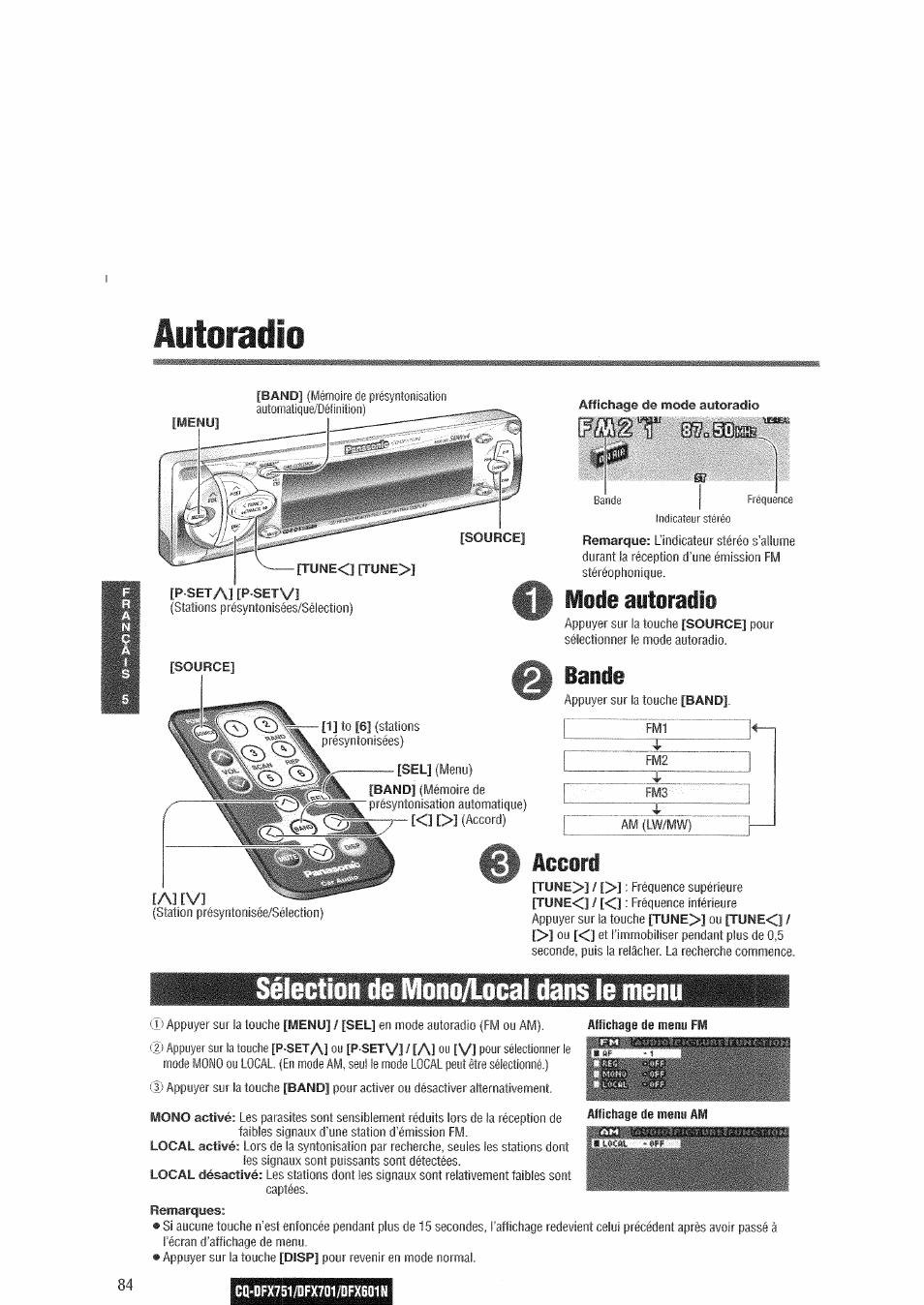 Autoradio, Sélection de mono/local dans le menu, Mode autoradio | Bande, Iccord | Panasonic CQDFX601 User Manual | Page 8 / 41