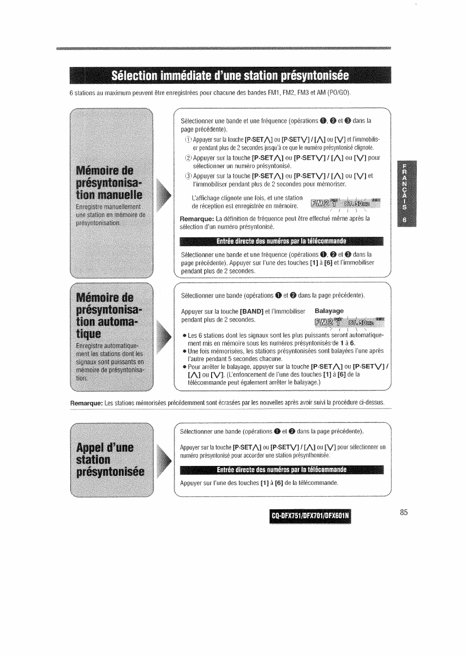 Entrée directe des numéros par la télécommandé, Sélection immédiate d’une station présyntonisée, Station | Panasonic CQDFX601 User Manual | Page 9 / 41