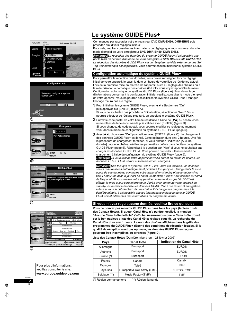 Le système guide plus, Configuration automatique du système guide plus, Pays canal hôte | Indication du canal hôte | Panasonic DMREH50 User Manual | Page 14 / 48