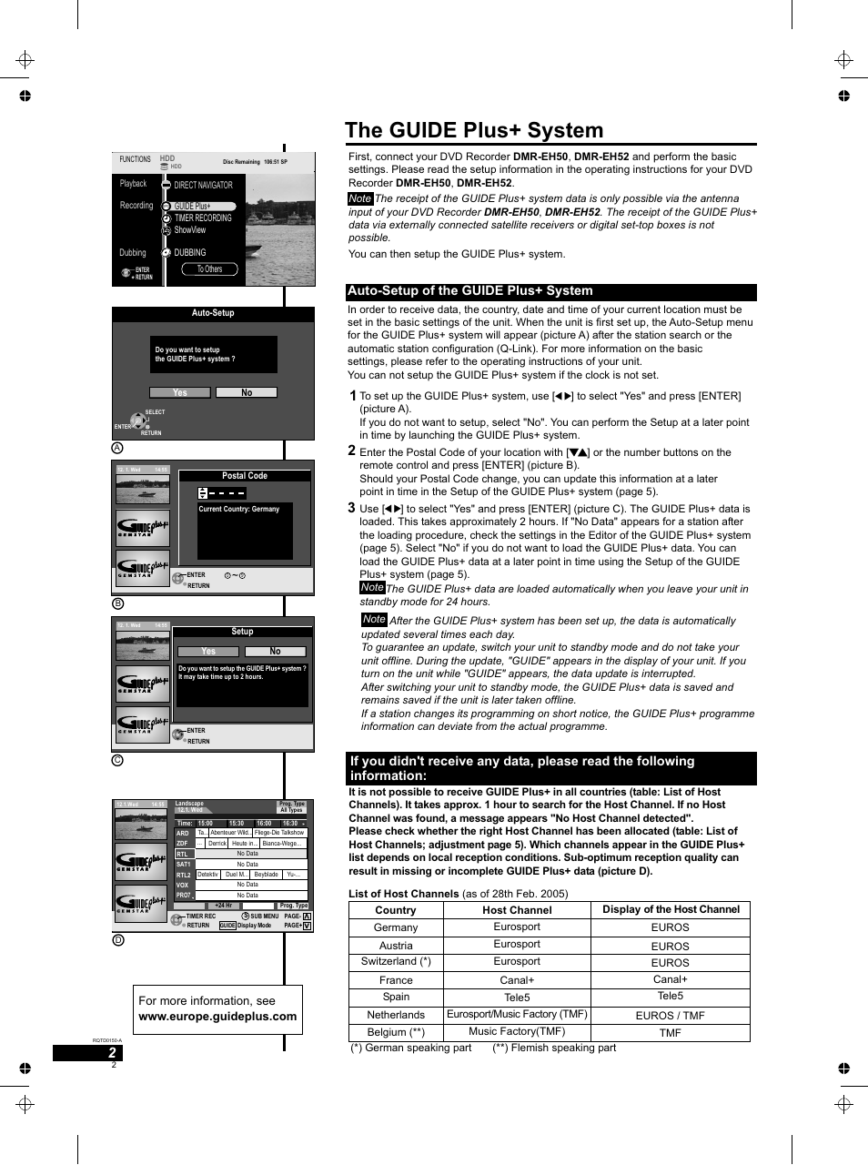 Seite2, The guide plus+ system, Auto-setup of the guide plus+ system | Panasonic DMREH50 User Manual | Page 2 / 48