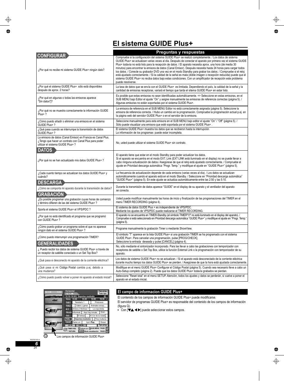 El sistema guide plus, Datos descarga grabación configurar generalidades, El campo de informacion guide plus | Preguntas y respuestas | Panasonic DMREH50 User Manual | Page 24 / 48