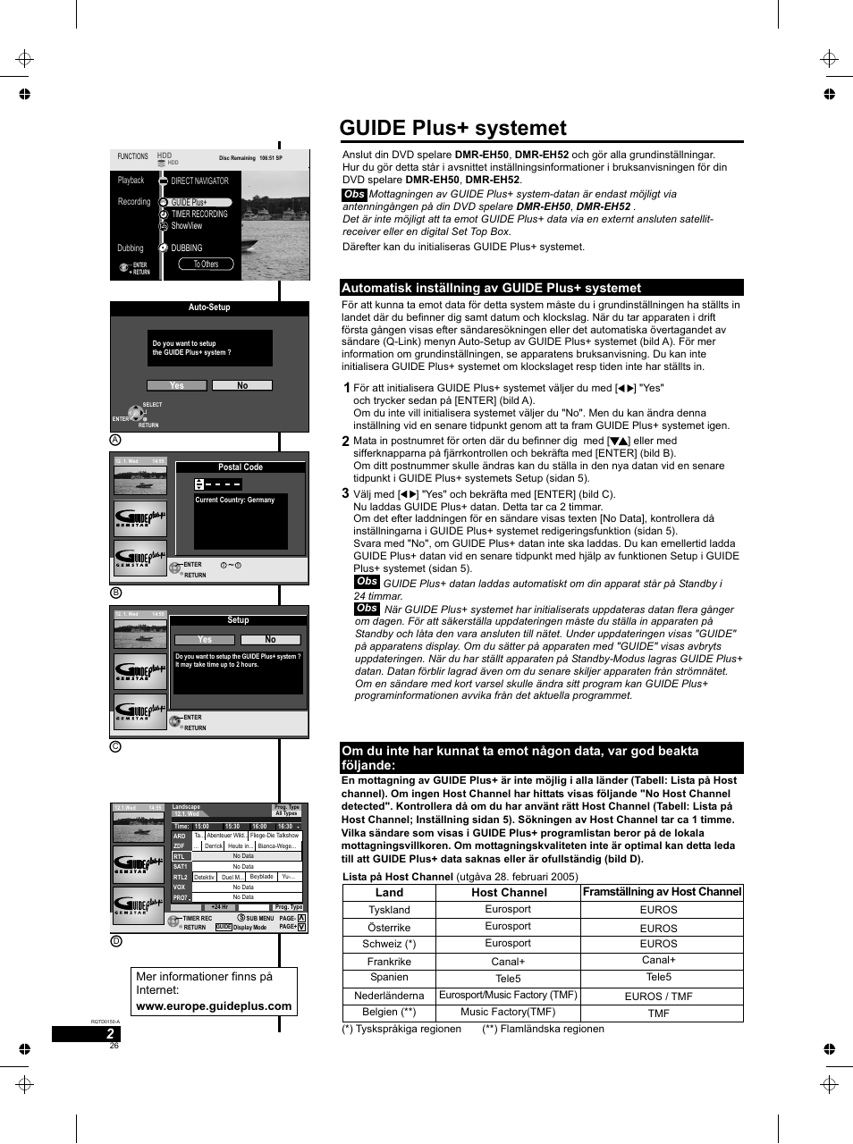 Seite14, Guide plus+ systemet, Automatisk inställning av guide plus+ systemet | Land host channel, Framställning av host channel | Panasonic DMREH50 User Manual | Page 26 / 48