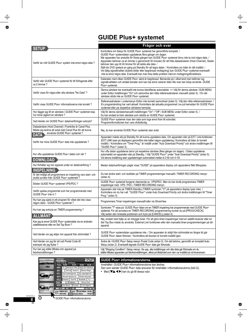 Seite18, Guide plus+ systemet, Data download inspelning setup allmänt | Guide plus+ informationsrutorna, Frågor och svar | Panasonic DMREH50 User Manual | Page 30 / 48