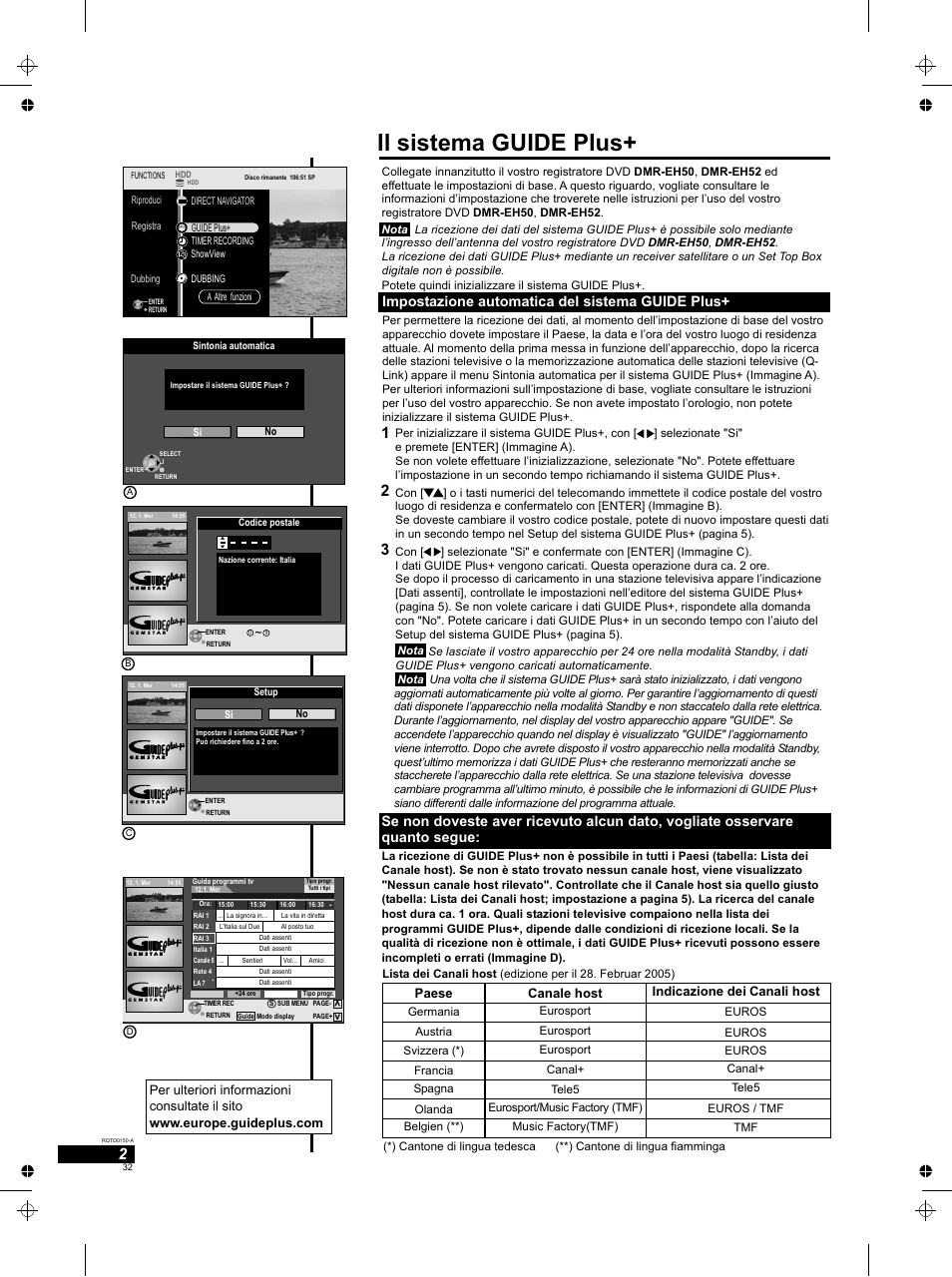 Il sistema guide plus, Impostazione automatica del sistema guide plus, Paese canale host | Indicazione dei canali host | Panasonic DMREH50 User Manual | Page 32 / 48