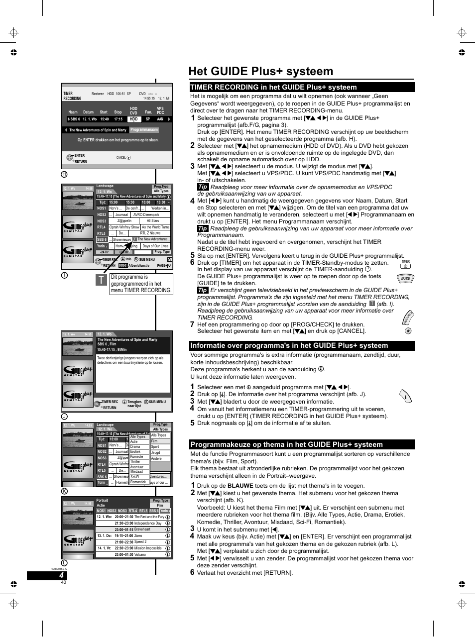 Het guide plus+ systeem, Timer recording in het guide plus+ systeem, Programmakeuze op thema in het guide plus+ systeem | Panasonic DMREH50 User Manual | Page 40 / 48