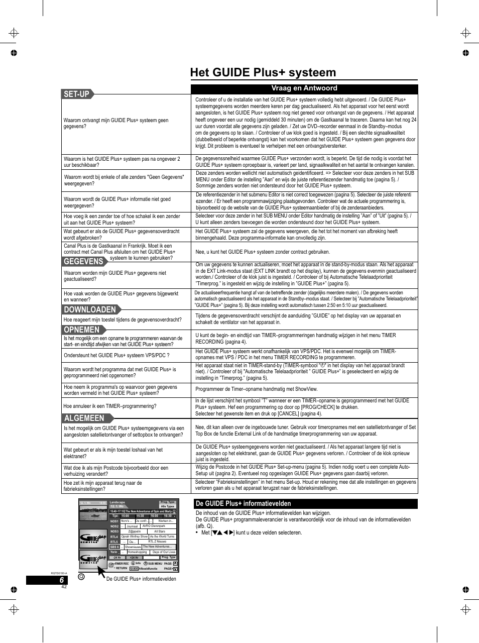 Het guide plus+ systeem, Gegevens downloaden opnemen set-up algemeen, De guide plus+ informatievelden | Vraag en antwoord | Panasonic DMREH50 User Manual | Page 42 / 48