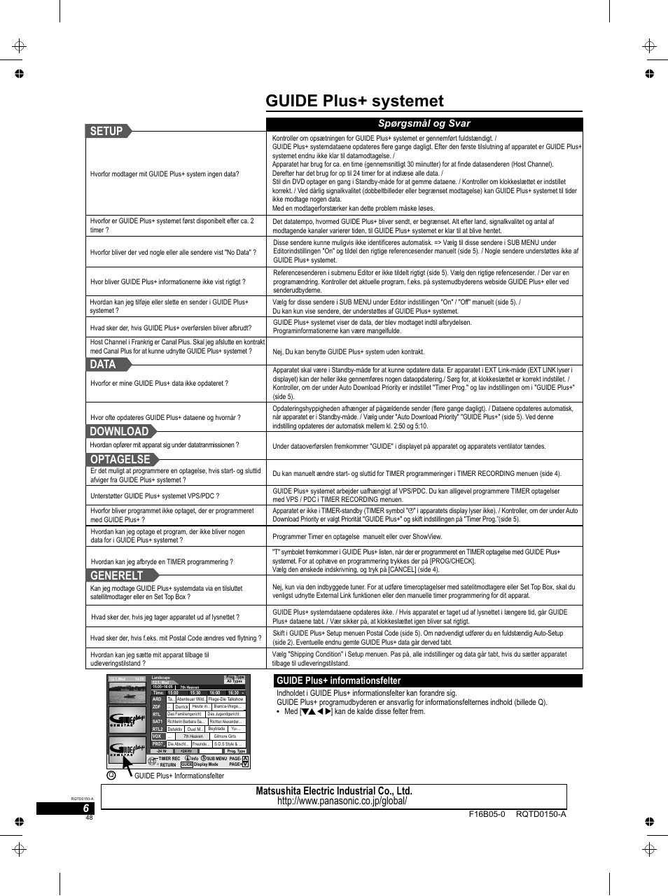 Guide plus+ systemet, Data download optagelse setup generelt, Guide plus+ informationsfelter | Spørgsmål og svar | Panasonic DMREH50 User Manual | Page 48 / 48