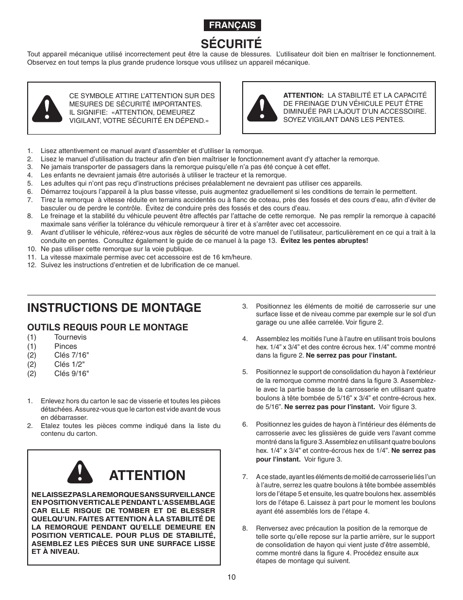 Attention, Sécurité, Instructions de montage | Agri-Fab 45-02402 ATV User Manual | Page 10 / 20