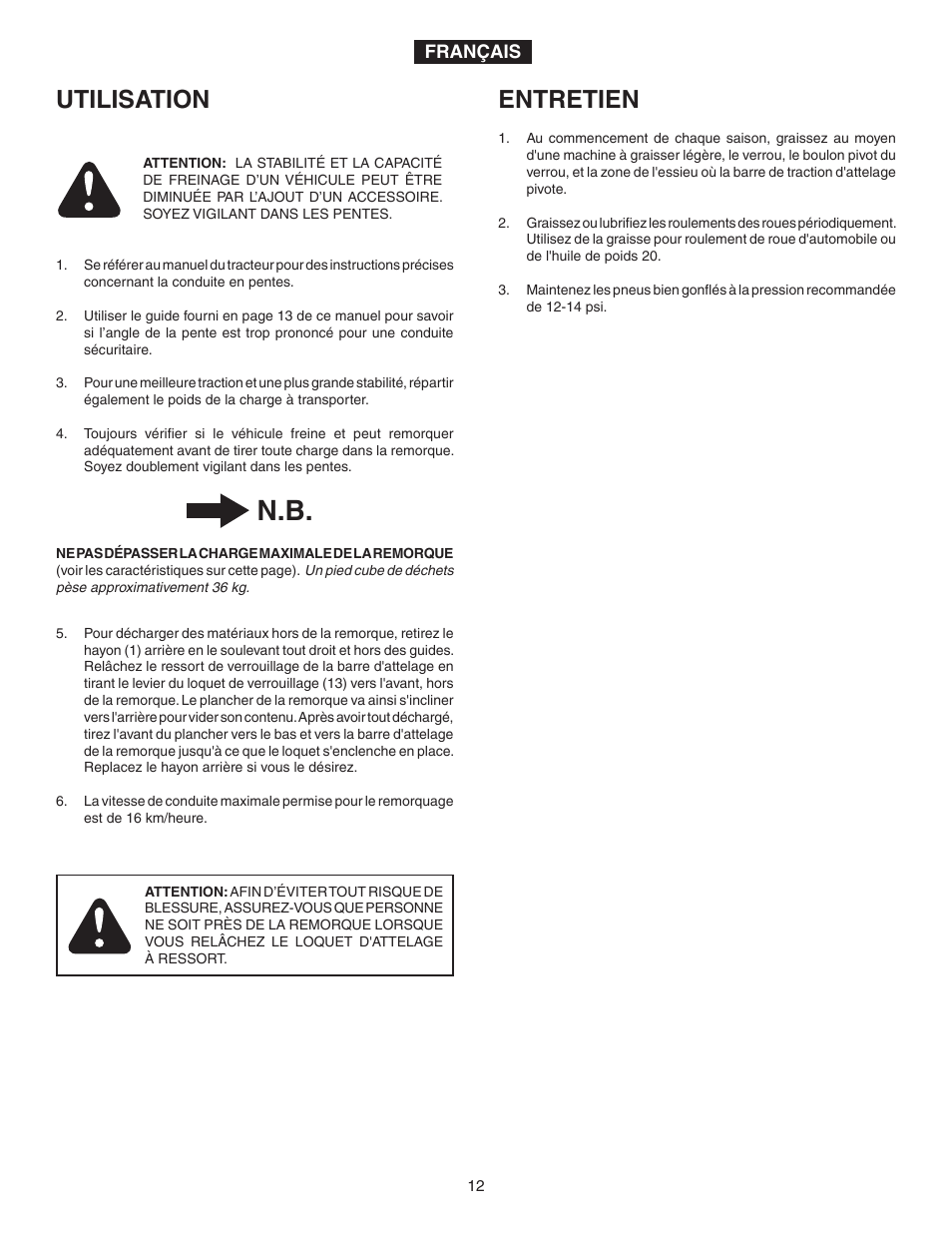 Entretien, Utilisation | Agri-Fab 45-02402 ATV User Manual | Page 12 / 20