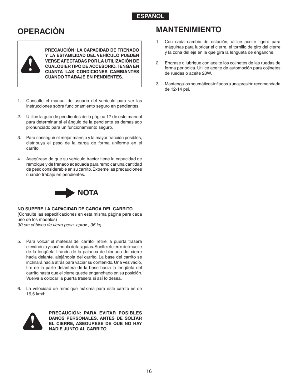 Mantenimiento, Nota, Operaciòn | Agri-Fab 45-02402 ATV User Manual | Page 16 / 20