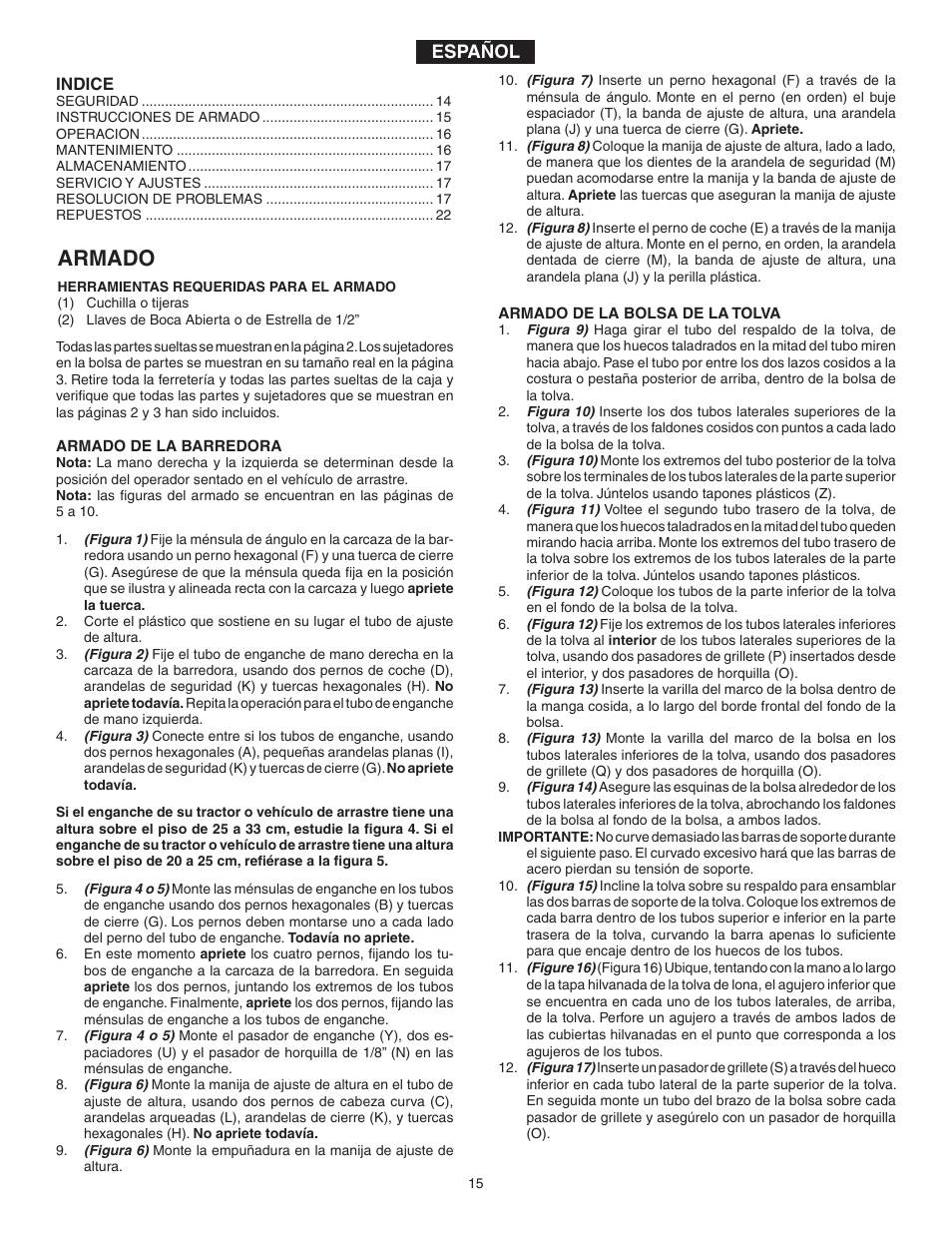 Armado, Español | Agri-Fab 45-0331 User Manual | Page 15 / 24