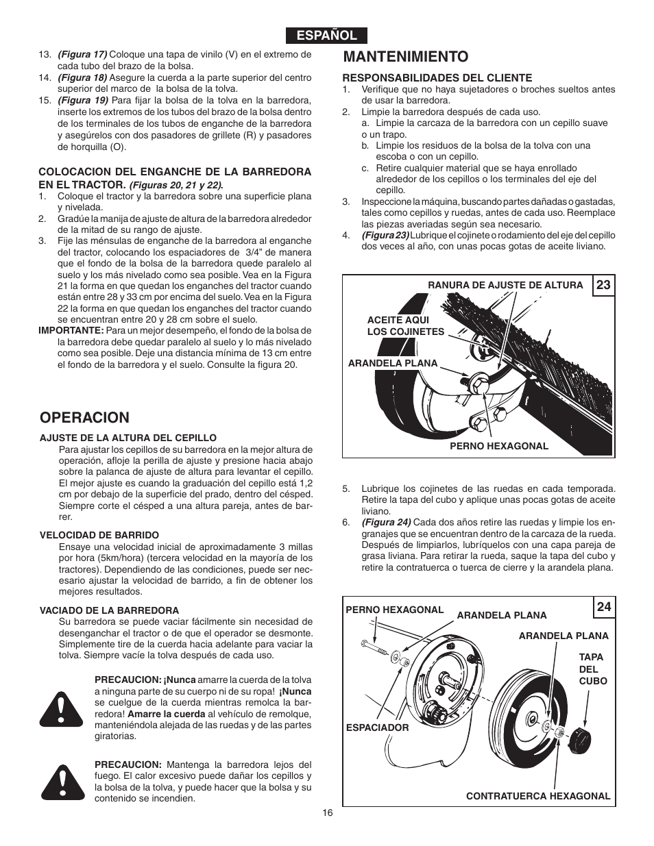 Mantenimiento, Operacion, Español | Agri-Fab 45-0331 User Manual | Page 16 / 24