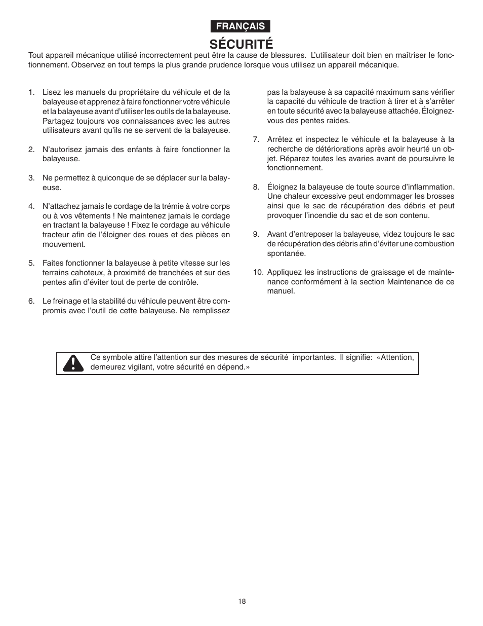 Sécurité | Agri-Fab 45-0331 User Manual | Page 18 / 24