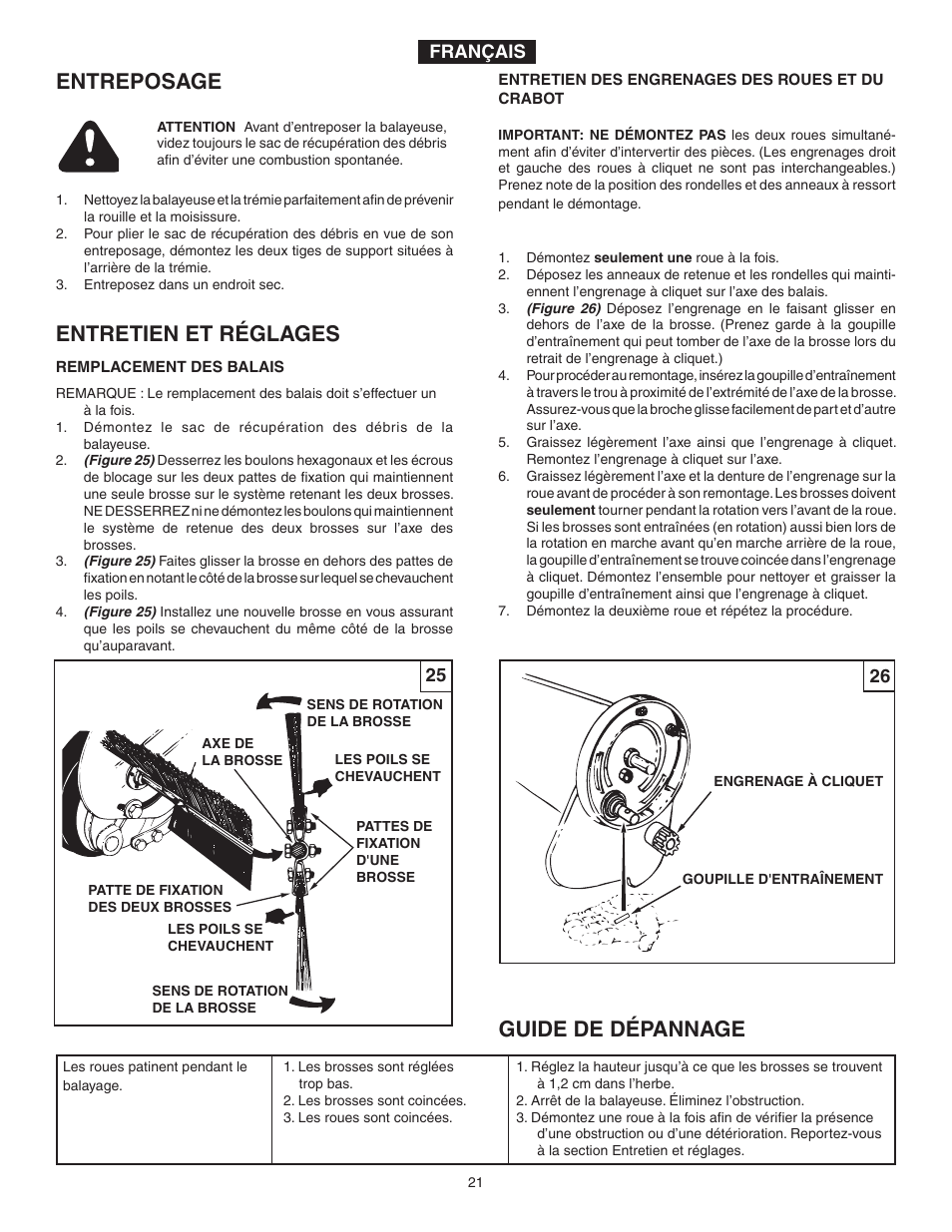 Entreposage entretien et réglages, Guide de dépannage, Français | Agri-Fab 45-0331 User Manual | Page 21 / 24