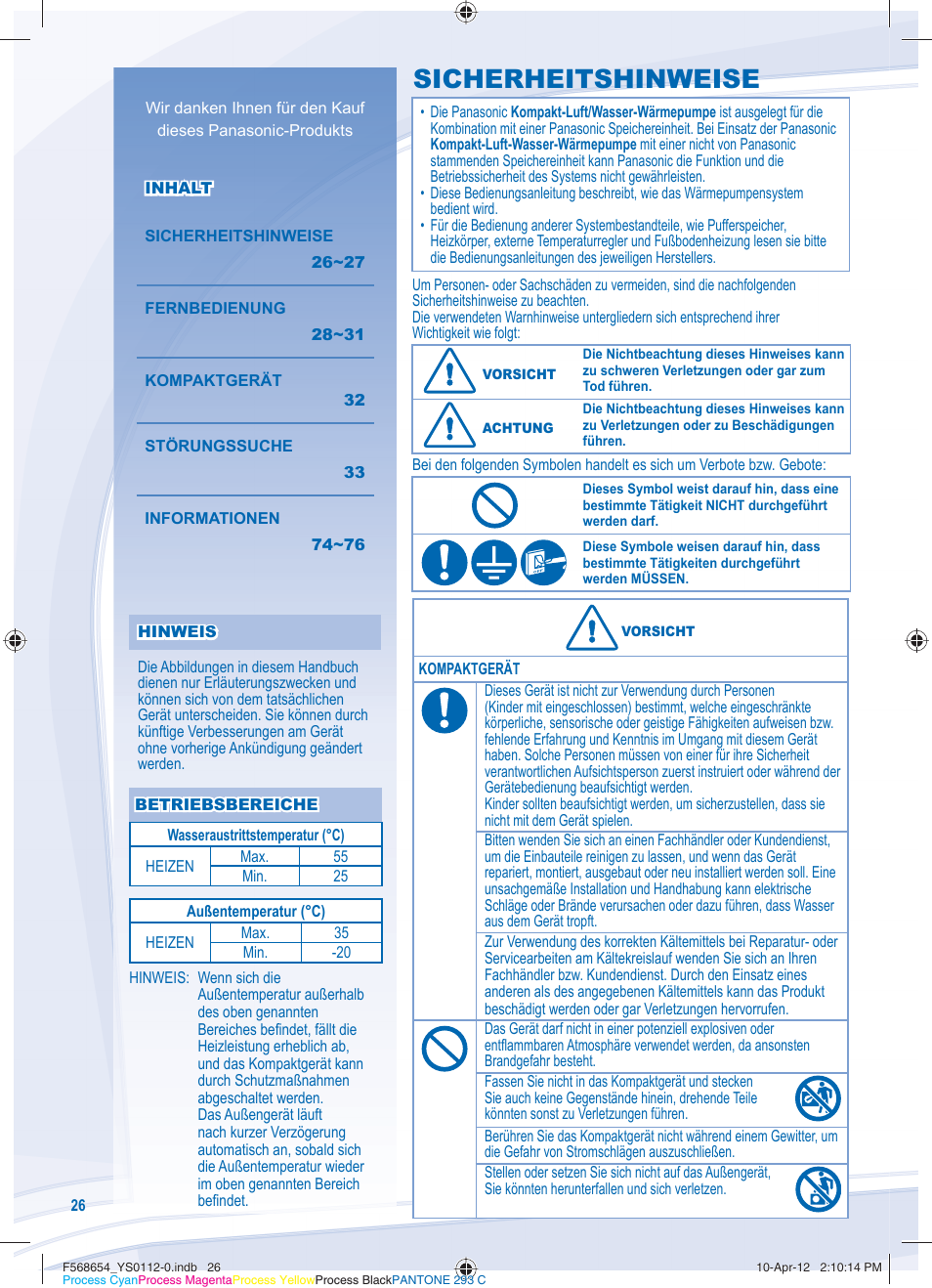 Sicherheitshinweise | Panasonic WHMXF09D3E51 User Manual | Page 26 / 76