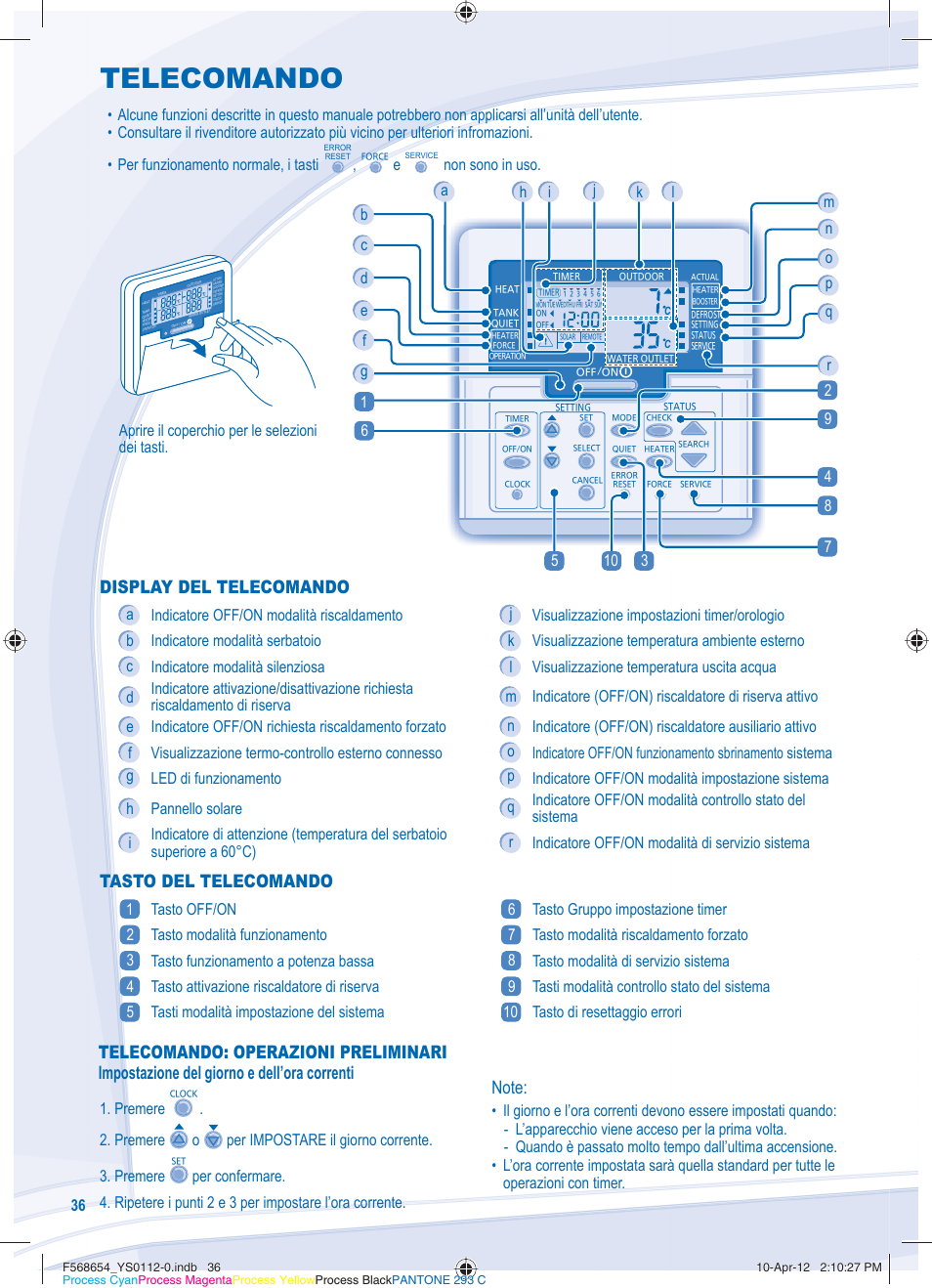 Telecomando, Impostazione funzioni speciali, Tasto del telecomando | Non sono in uso, Aprire il coperchio per le selezioni dei tasti | Panasonic WHMXF09D3E51 User Manual | Page 36 / 76