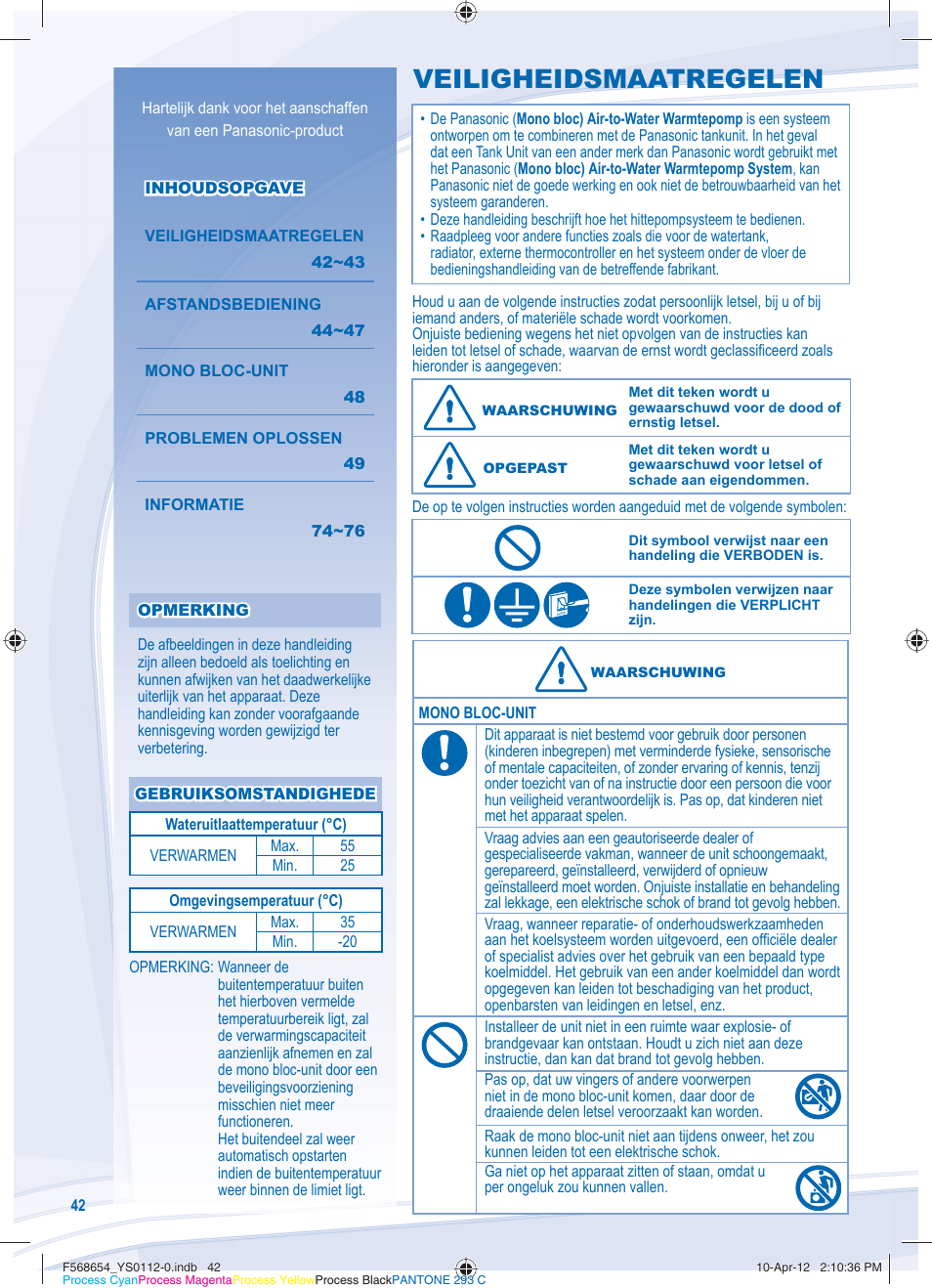 Veiligheidsmaatregelen | Panasonic WHMXF09D3E51 User Manual | Page 42 / 76