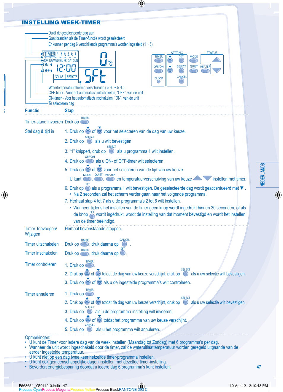 Nederlands, Instelling week-timer | Panasonic WHMXF09D3E51 User Manual | Page 47 / 76
