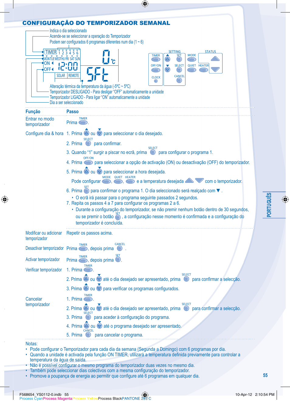 Português, Configuração do temporizador semanal | Panasonic WHMXF09D3E51 User Manual | Page 55 / 76