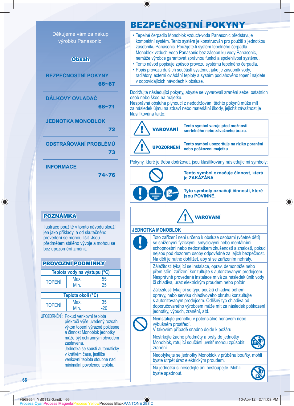 Bezpečnostní pokyny | Panasonic WHMXF09D3E51 User Manual | Page 66 / 76