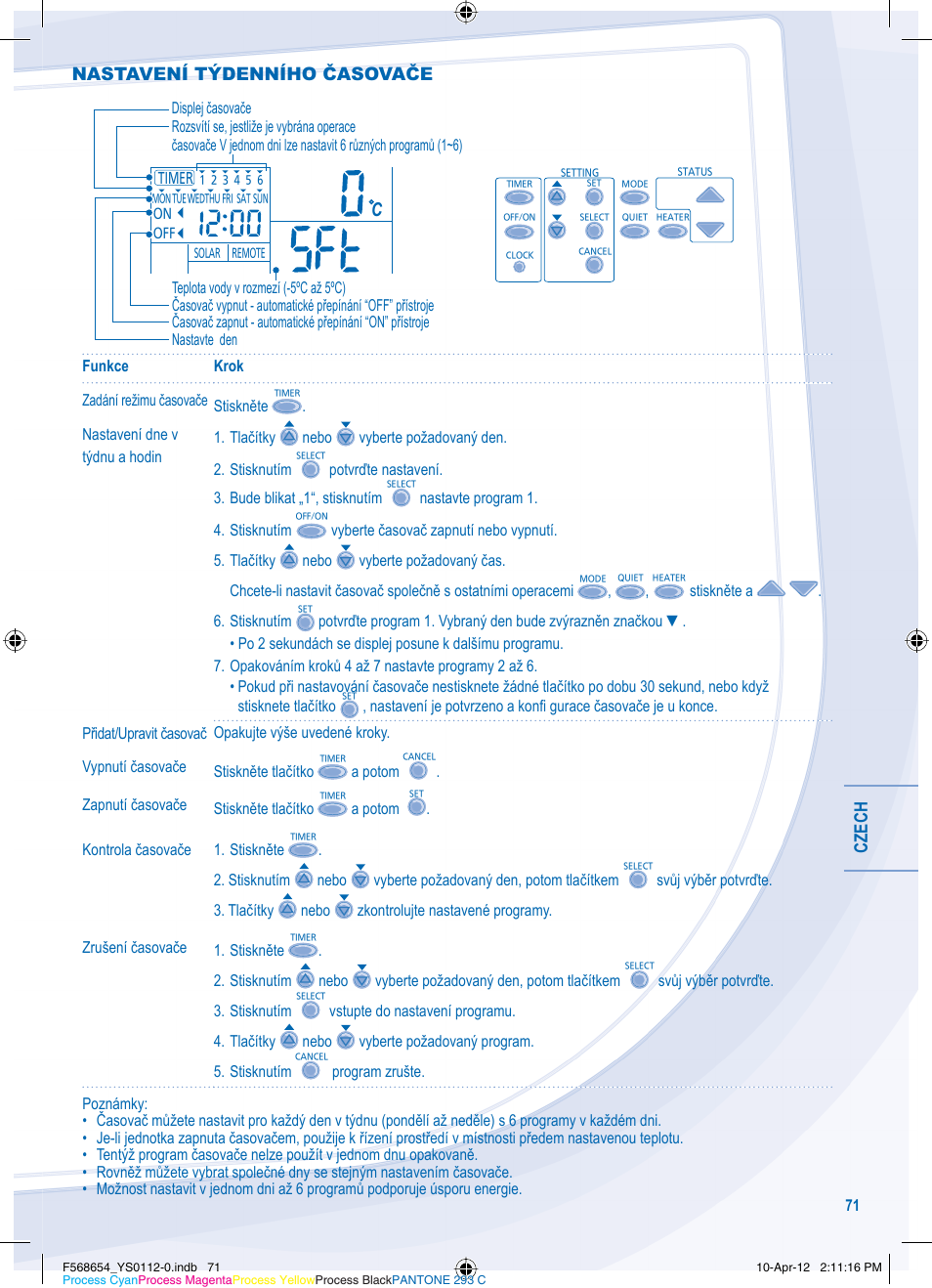 Czech nastavení týdenního časovače | Panasonic WHMXF09D3E51 User Manual | Page 71 / 76