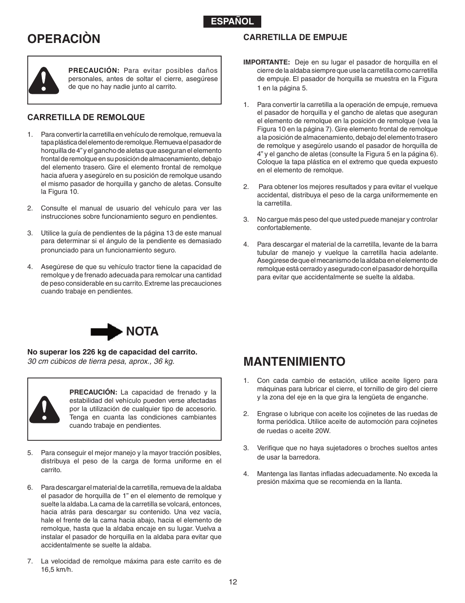 Operaciòn, Mantenimiento, Nota | Agri-Fab 45-0345 User Manual | Page 12 / 20