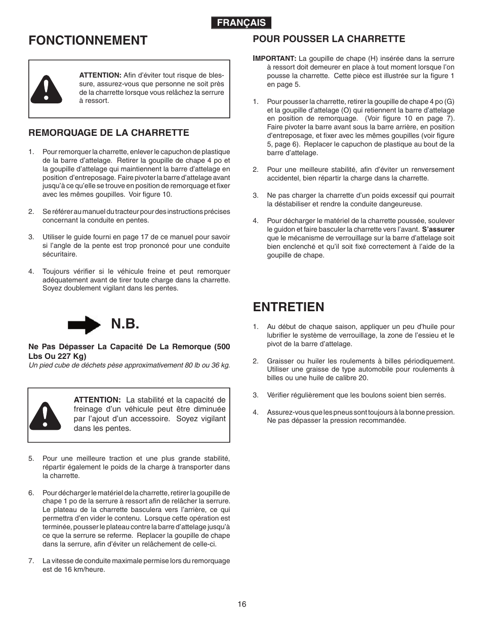 Fonctionnement, Entretien | Agri-Fab 45-0345 User Manual | Page 16 / 20