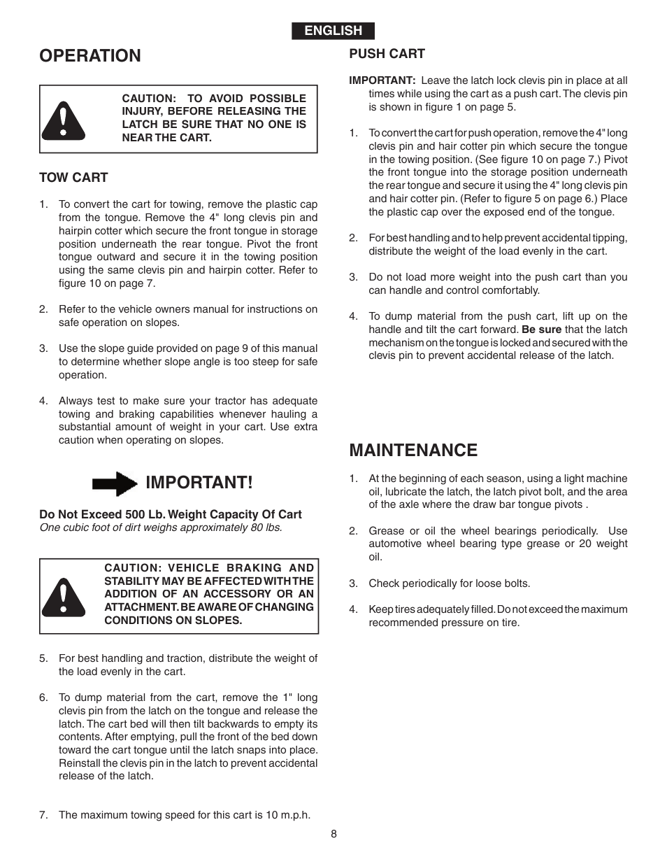 Operation, Maintenance, Important | Agri-Fab 45-0345 User Manual | Page 8 / 20