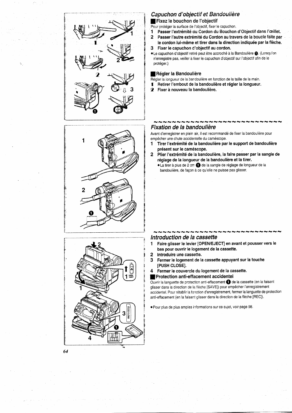 Capuchon d’objectif et bandoulière, Fixez le bouchon de l’objectif, Régler la bandoulière | Fixation de la bandoulière, Introduction de la cassette, Protection anti-effacement accidentel, Capuchon d'objectif et bandoulière | Panasonic NVGS5 User Manual | Page 10 / 54