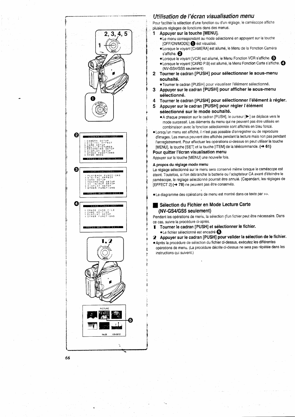 Utilisation de l’écran visualisation menu, 1 appuyer sur la touche [menu, Pour quitter l’écran visualisation menu | Panasonic NVGS5 User Manual | Page 12 / 54