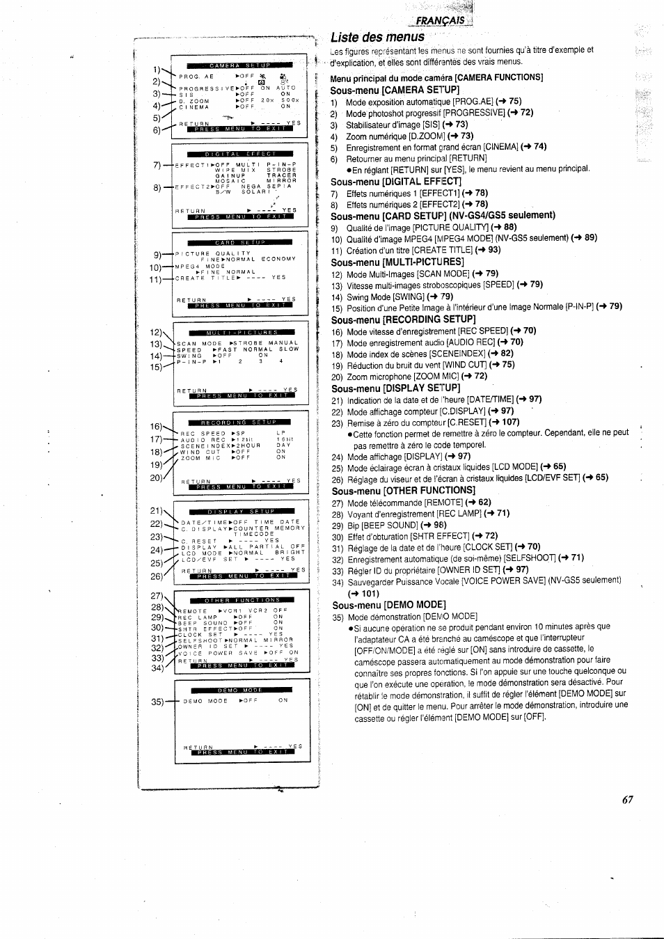 Liste des menus, Français | Panasonic NVGS5 User Manual | Page 13 / 54