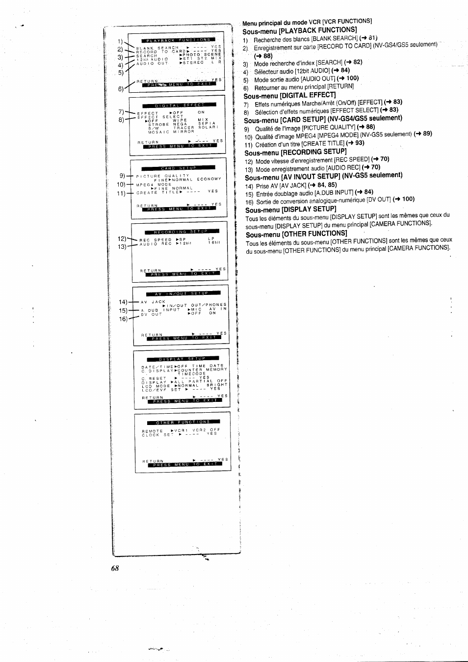 Speed, El­ isi­ le), Menu principal du mode vcr [vcr functions | 9) qualité de l’image [picture quality | Panasonic NVGS5 User Manual | Page 14 / 54