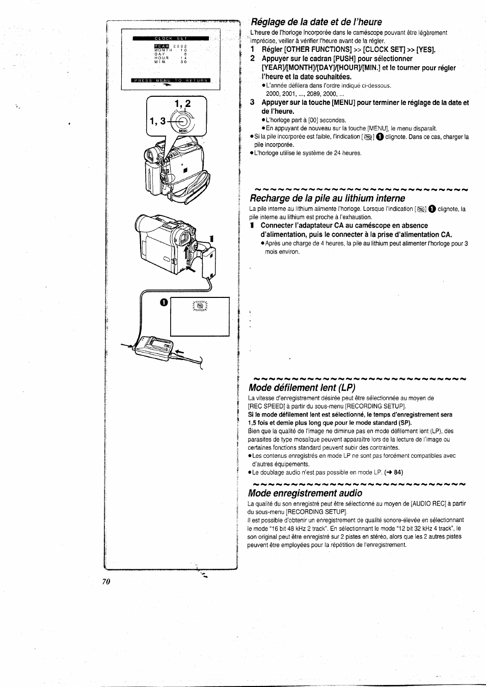 Réglage de la date et de l’heure, 1 régler [other functions] » [clock set] » [yes, Recharge de la pile au lithium interne | Mode défilement lent (lp), Mode enregistrement audio | Panasonic NVGS5 User Manual | Page 16 / 54