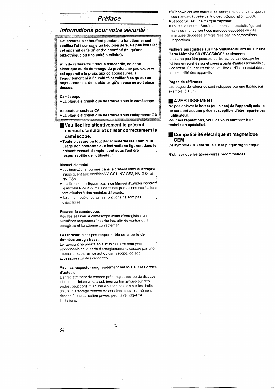 Informations pour votre sécurité, Caméscope, Manuel d'emploi | Essayer le caméscope, Avertissement, Compatibilité électrique et magnétique cem, Préface | Panasonic NVGS5 User Manual | Page 2 / 54
