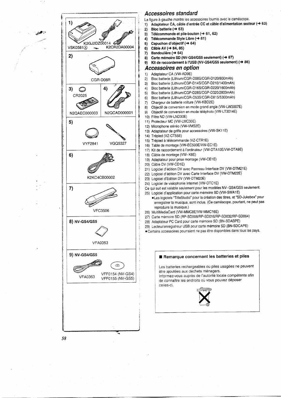 Accessoires standard, 2) bloc batterie (■♦63), Accessoires en option | Panasonic NVGS5 User Manual | Page 4 / 54