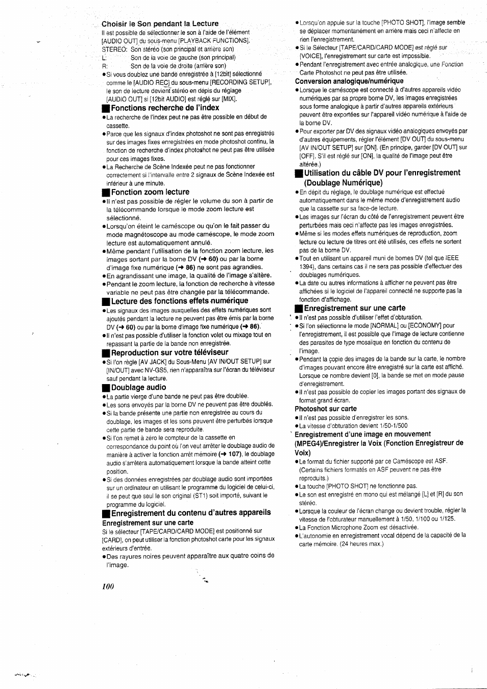 Choisir ie son pendant la lecture, I fonctions recherche de l’index, I fonction zoom lecture | Lecture des fonctions effets numérique, Reproduction sur votre téiéviseur, Doubiage audio, Enregistrement du contenu d’autres appareils, Enregistrement sur une carte, Conversion analogique/numérique, Photoshot sur carte | Panasonic NVGS5 User Manual | Page 46 / 54