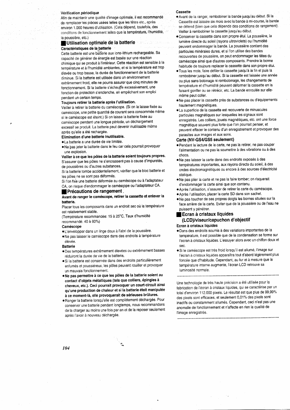Vérification périodique, Utilisation optimale de la batterie, Précautions de rangement | Cassette, Carte (nv-gs4/gs5 seulement), Ecran à cristaux liquides, Lcd)/viseur/capuchon d’objectif | Panasonic NVGS5 User Manual | Page 50 / 54