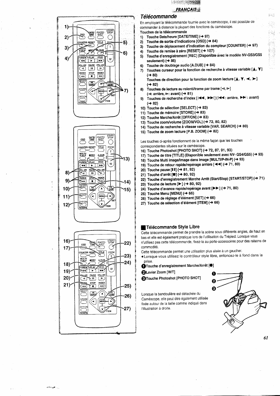 Télécommande, Télécommande style libre, Pour la | A, y | Panasonic NVGS5 User Manual | Page 7 / 54