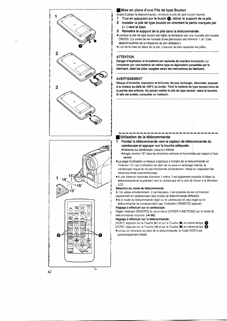 I mise en place d’une pile de type bouton, Attention, Avertissement | Utilisation de la télécommande | Panasonic NVGS5 User Manual | Page 8 / 54