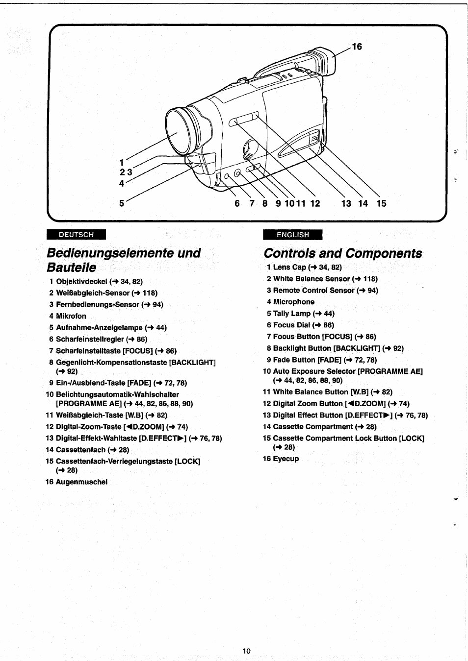 Bedienungselemente und bauteile, Controls and components | Panasonic NVRX33EG User Manual | Page 10 / 138