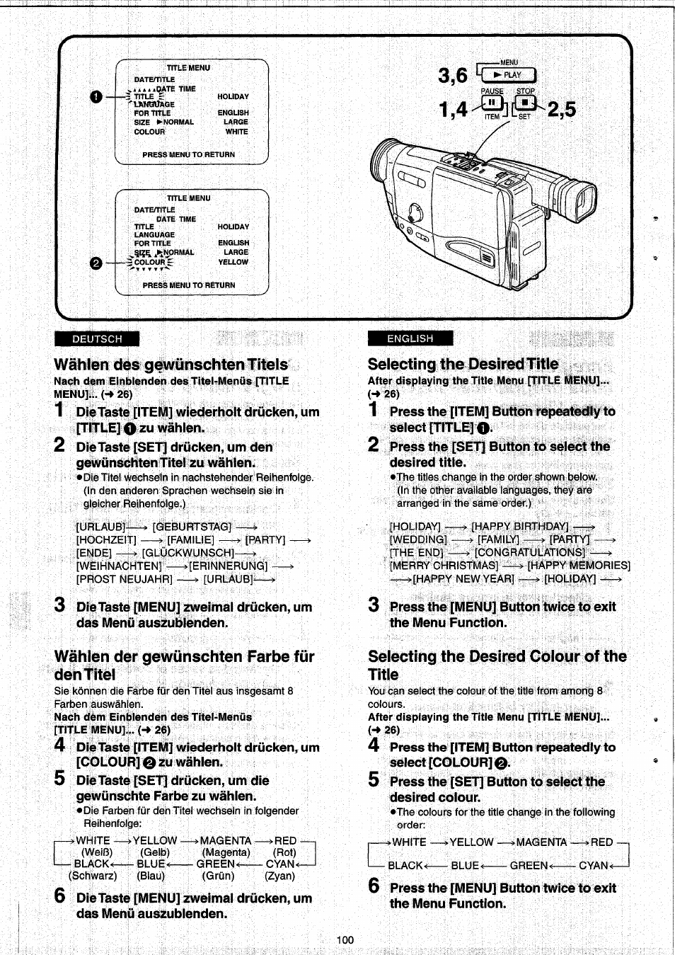 Wählen des gewünschten titels, Selecting the desired title, Wählen der gewünschten farbe für den titel | Selecting the desired colour of the title | Panasonic NVRX33EG User Manual | Page 100 / 138