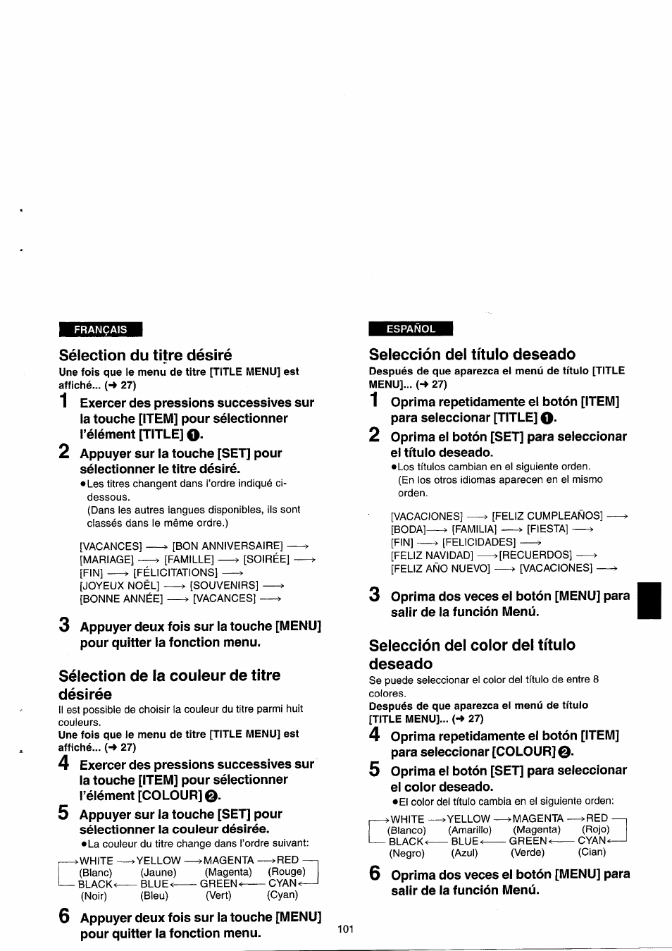 Sélection du titre désiré, Sélection de la couleur de titre désirée, Selección del título deseado | Selección del color del título deseado | Panasonic NVRX33EG User Manual | Page 101 / 138