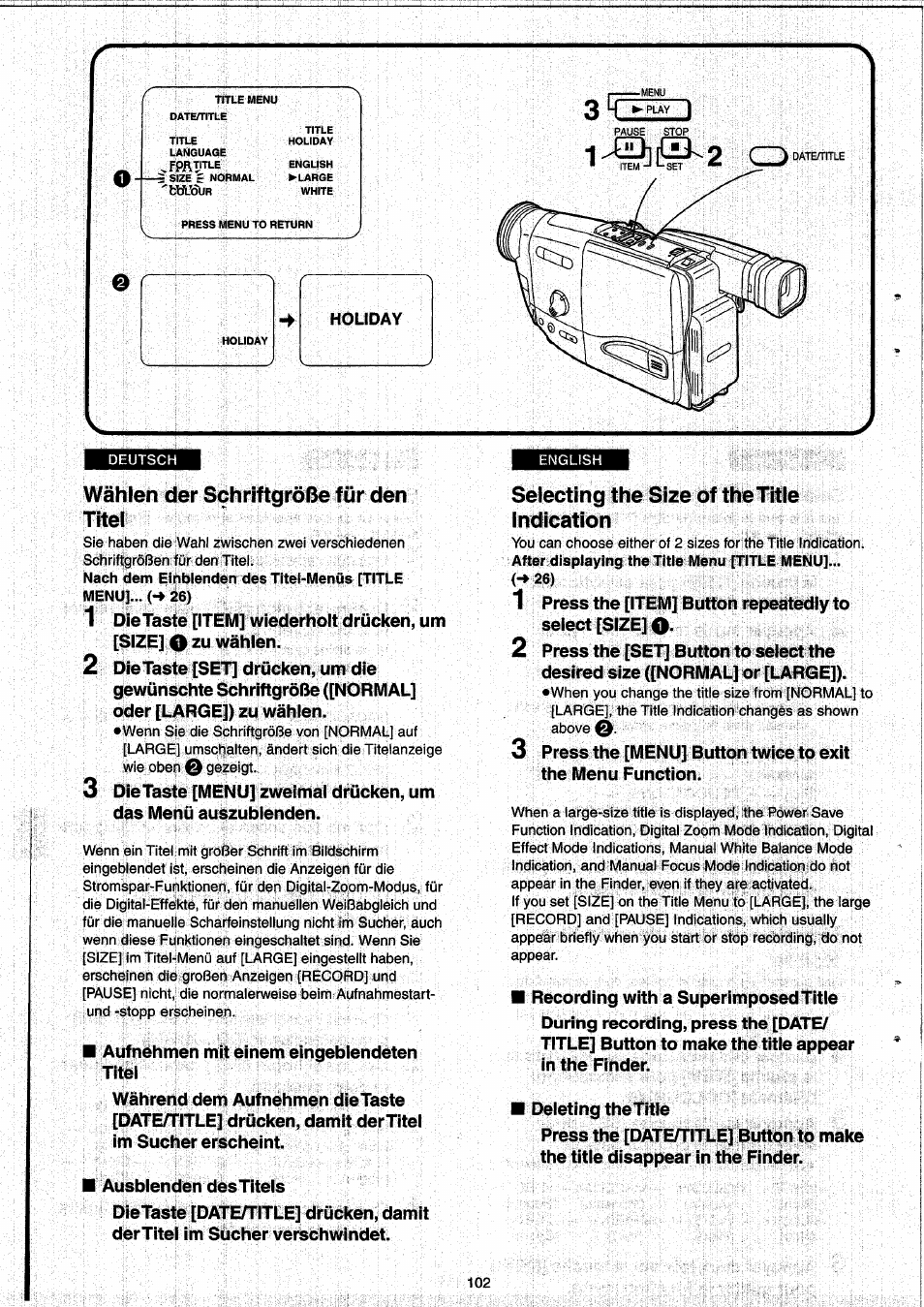 Wählen der schriftgröße für den titel, Selecting the size of the title indication, Læ}][{zk2 cd | Panasonic NVRX33EG User Manual | Page 102 / 138