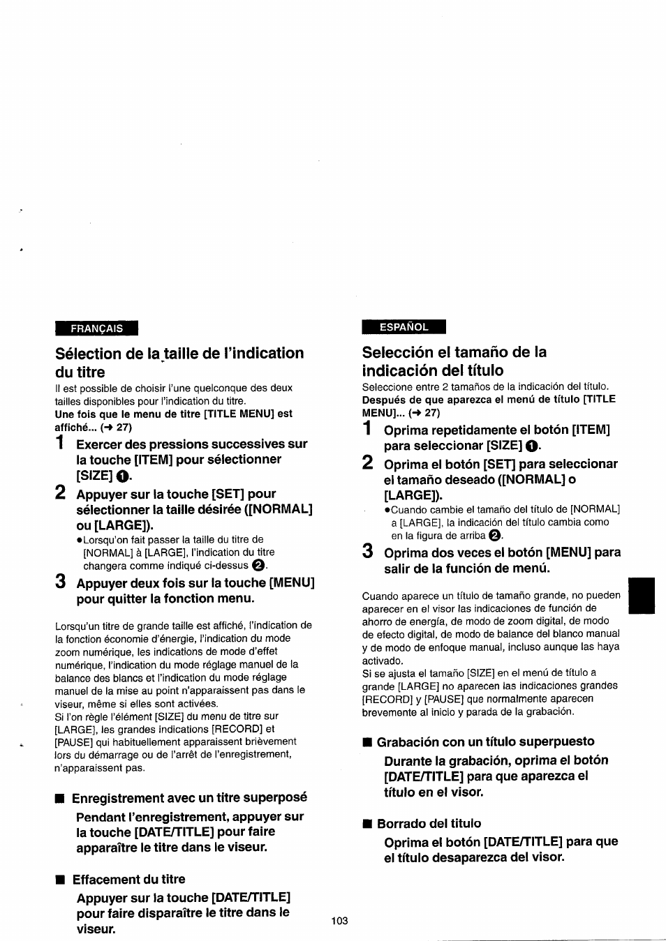 Sélection de la teille de l’indication du titre, Selección el tamaño de la indicación del título, Sélection de la taille de l’indication du titre | Panasonic NVRX33EG User Manual | Page 103 / 138