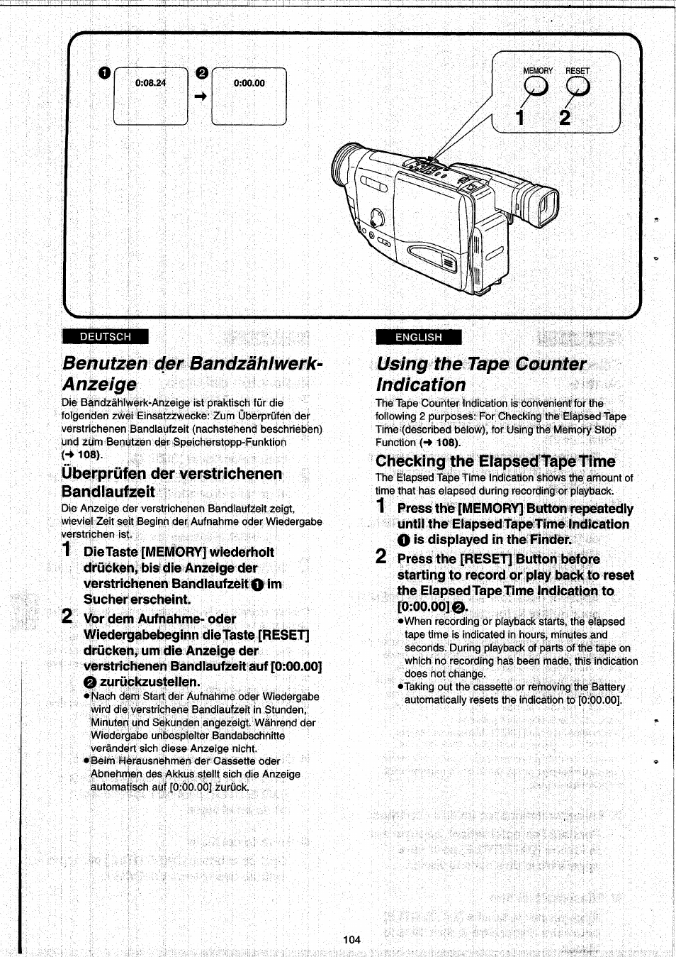 Benutzen der bandzählwerk- anzeige, Überprüfen der verstrichenen bandlaufzeit, Using the tape counter indication | Checking the elapsed tape time, Benutzen der bandzählwerk-anzeige | Panasonic NVRX33EG User Manual | Page 104 / 138