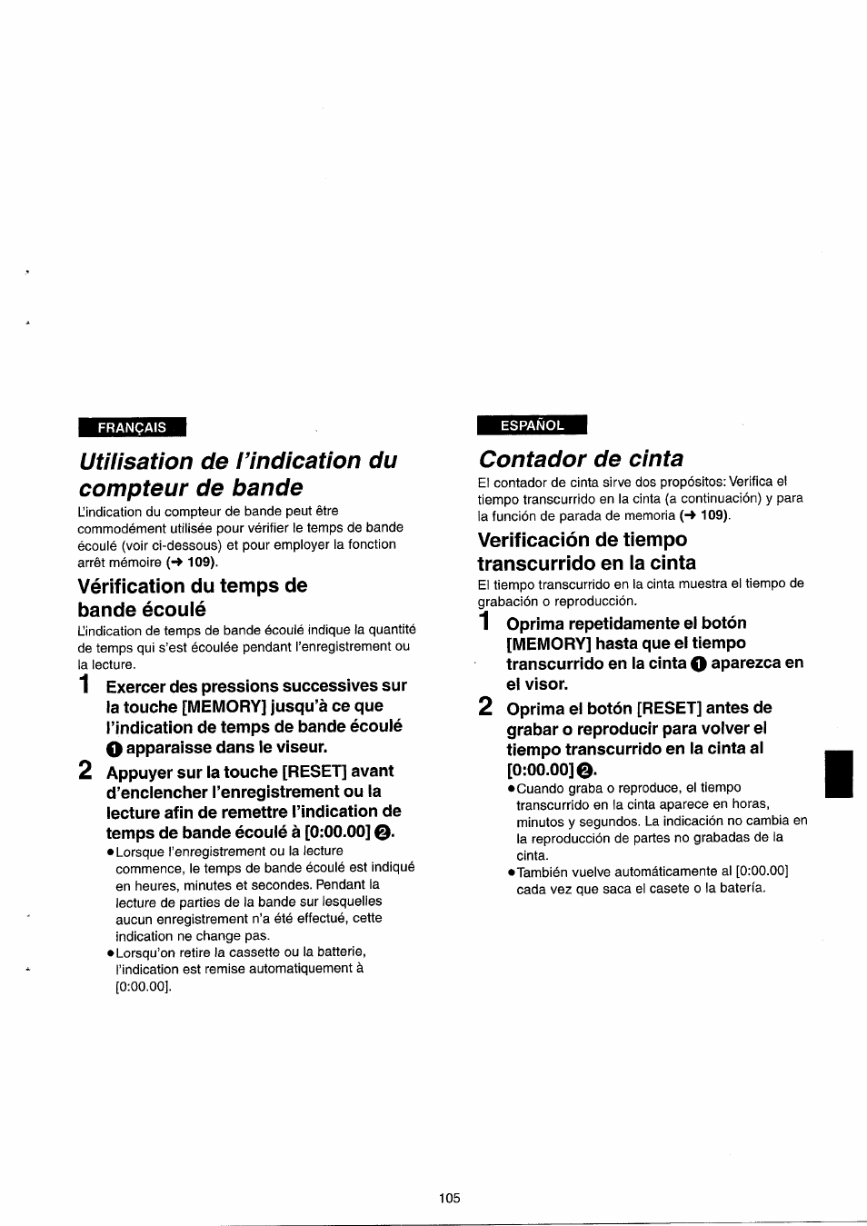 Utilisation de l’indication du compteur de bande, Vérification du temps de bande écoulé, Contador de cinta | Verificación de tiempo transcurrido en la cinta | Panasonic NVRX33EG User Manual | Page 105 / 138